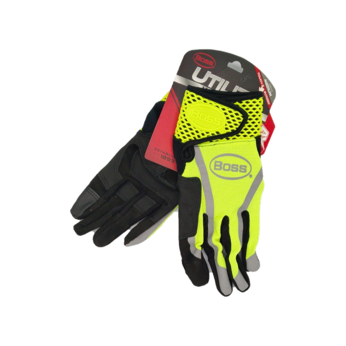 B52071-M - BOSS - Guante de trabajo de palma de cuero sintético de alta visibilidad - Talla: Mediano/M/8