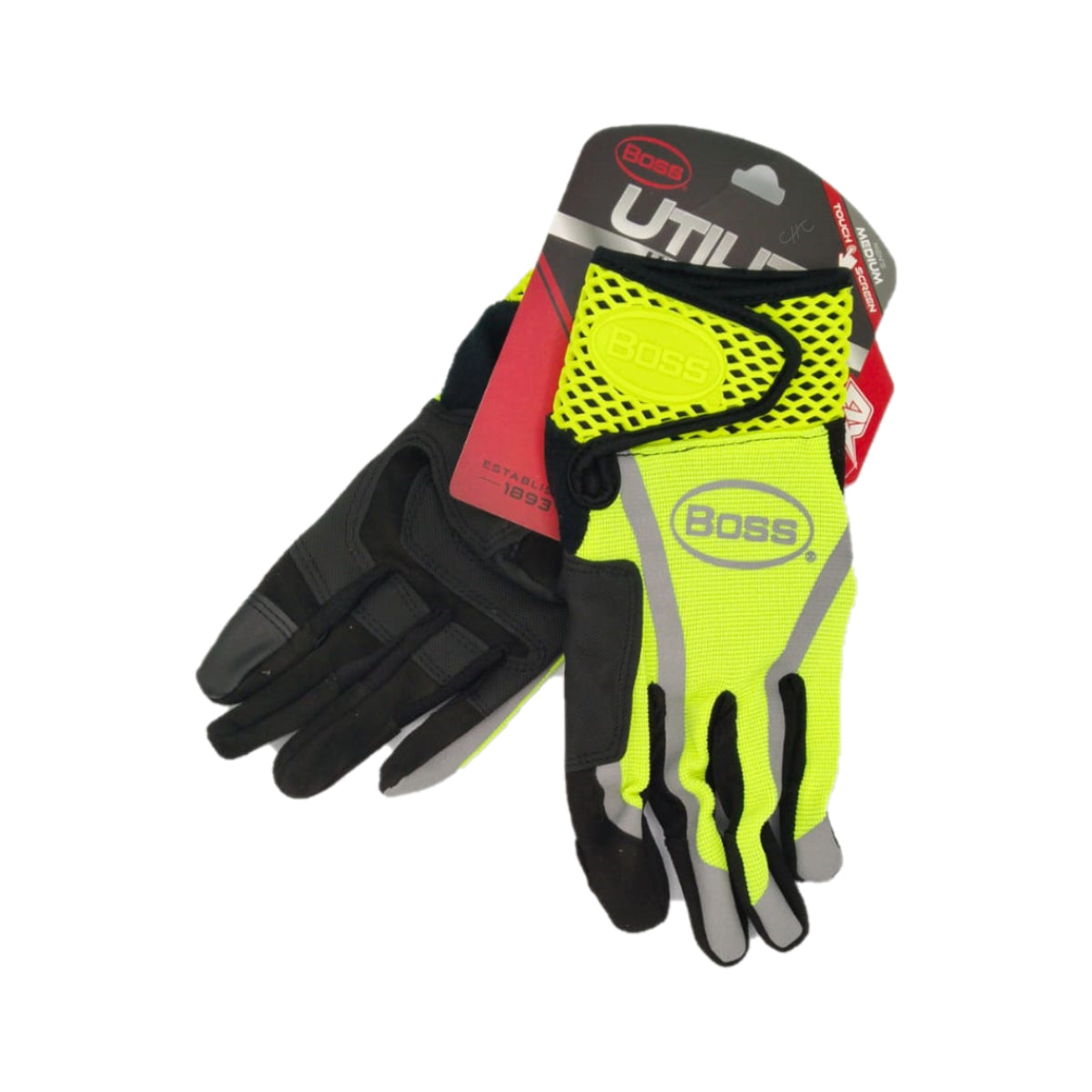 B52071-M - BOSS - Guante de trabajo de palma de cuero sintético de alta visibilidad - Talla: Mediano/M/8