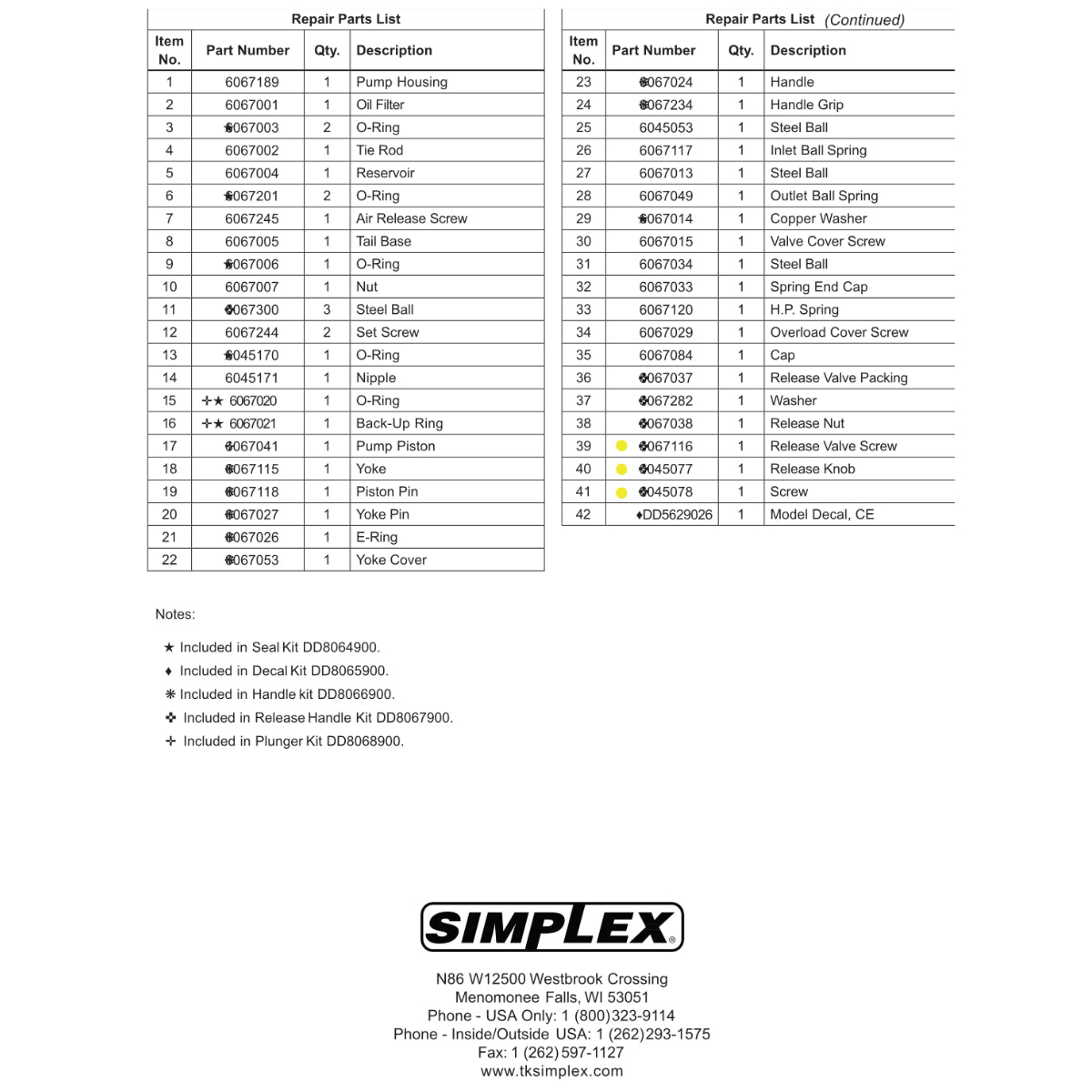 DD6045178 - Simplex - Kit De Manija De Liberación P41, P42 Y P82