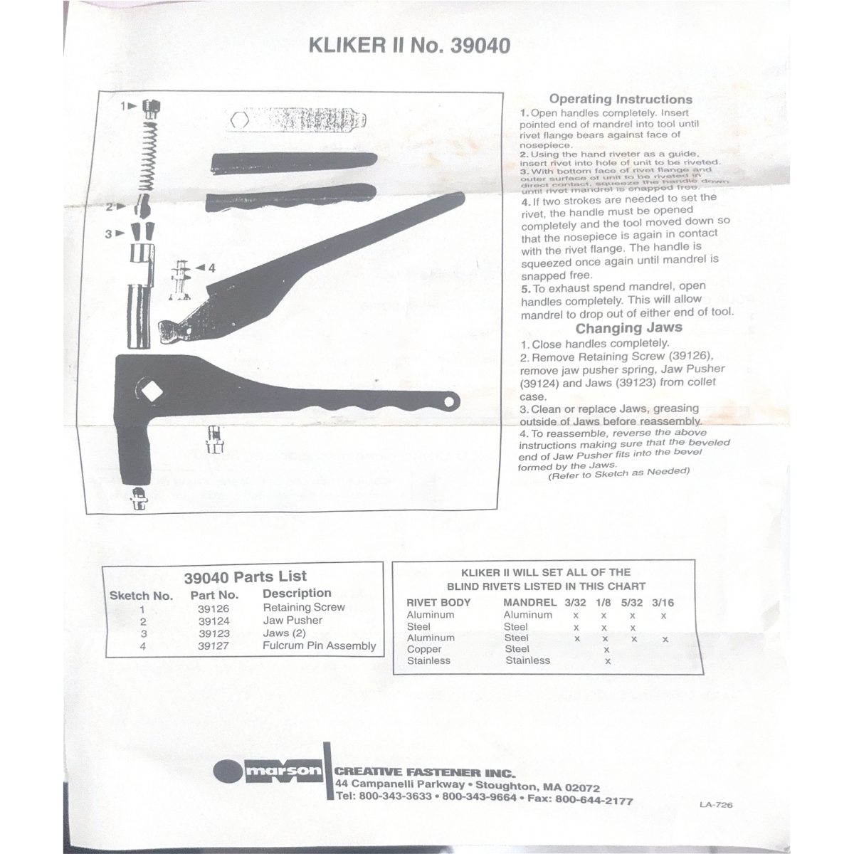 MA-39040 - Marson - Remachadora Manual Kliker II - Remaches Klik-Fast de acero de 1/8" a 5/32" - aluminio de 3/16"