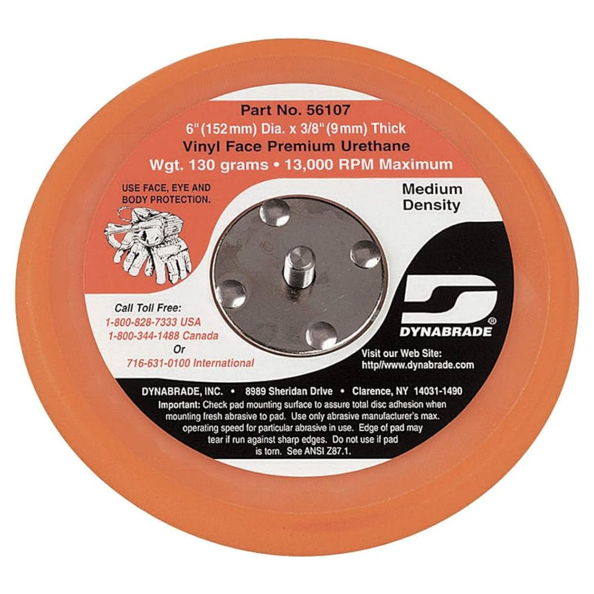 56107 - Dynabrade - Almohadilla de disco de lijado de cara de vinilo de 6" de diámetro - 3/8 pulgadas de grosor de densidad media