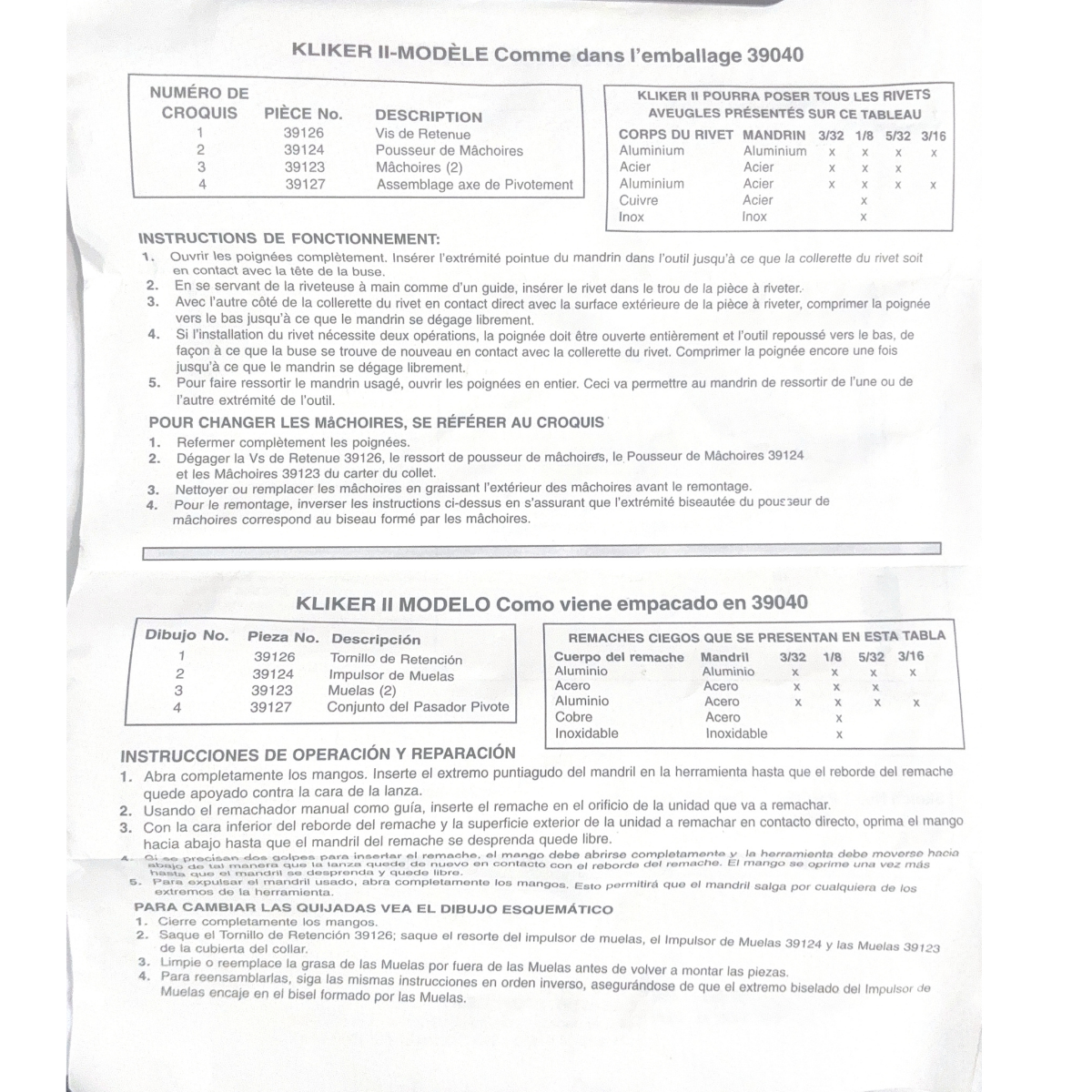 MA-39040 - Marson - Remachadora Manual Kliker II - Remaches Klik-Fast de acero de 1/8" a 5/32" - aluminio de 3/16"