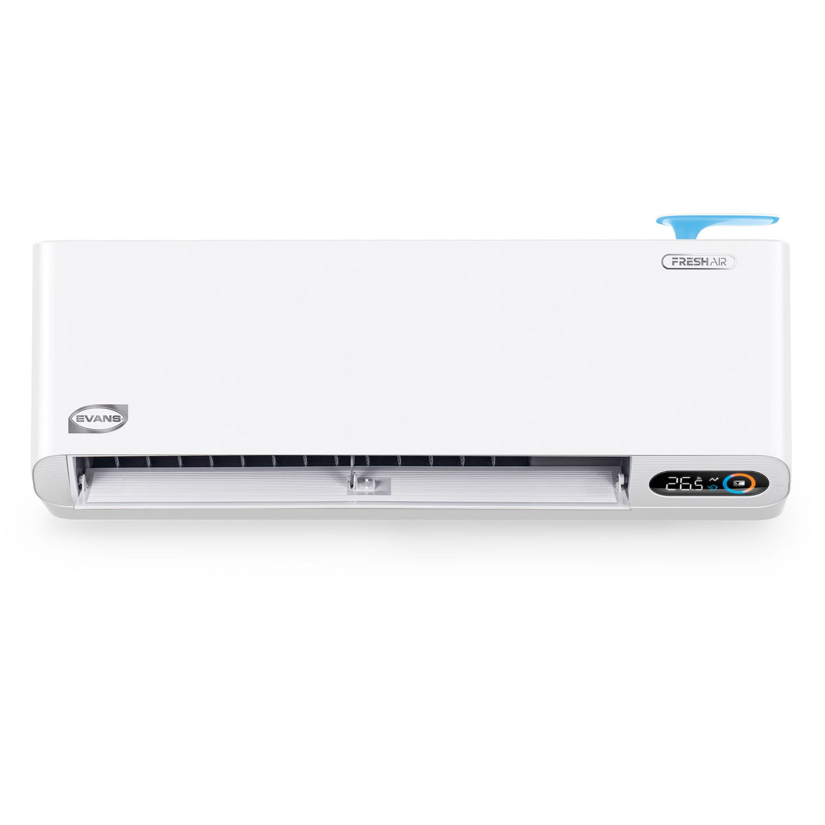 Unidad interior de pared del minisplit Evans Fresh Air AC-MSI-FA-1.0TD, con pantalla y entrada superior de aire fresco