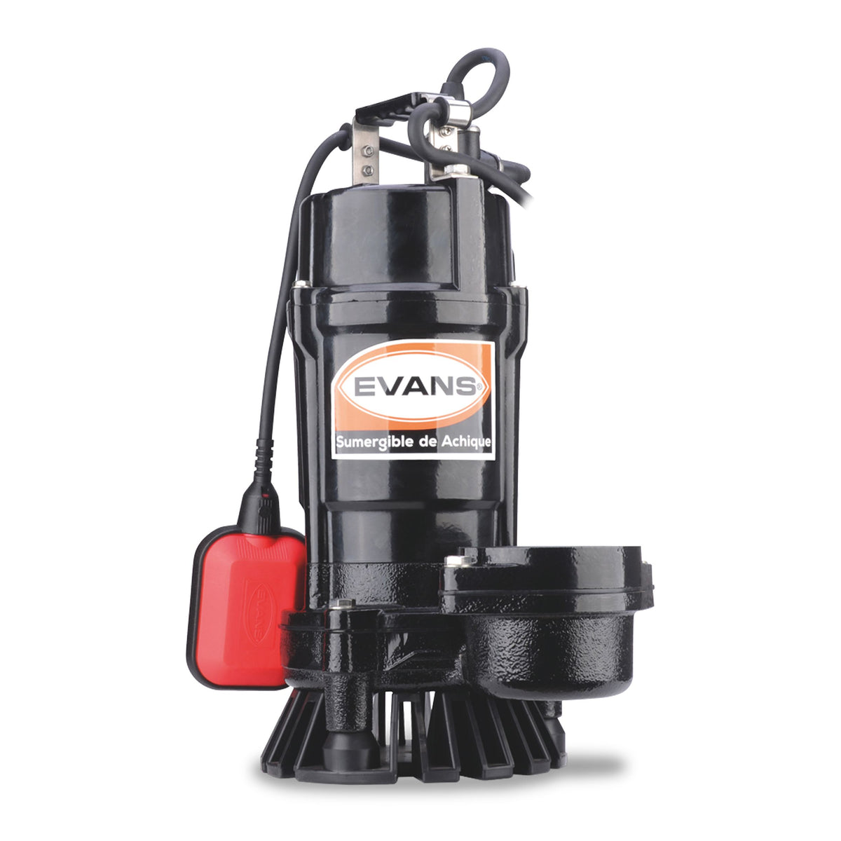 Bomba sumergible de 1 HP para desagüe de efluentes y agua con sólidos en suspensión. Alimentación de 220 V monofásica, descarga de 3 pulg., flotador incluido y cable de 10 m.