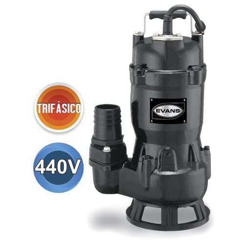 Bomba sumergible de 1 HP para aguas residuales y lodos con sólidos de hasta 1½ pulg. Alimentación de 440 V trifásica, descarga de 2 pulg. e impulsor de vórtice.