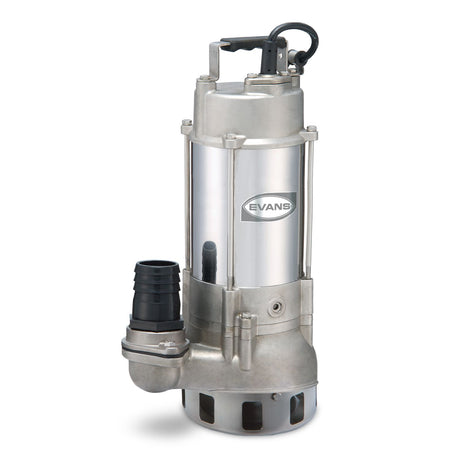 Bomba sumergible de 1 HP con cuerpo e impulsor de acero inoxidable 316 para lodos y aguas residuales. Alimentación de 110 V monofásica, descarga de 2 pulg. y paso de sólidos de hasta 1½ pulg.