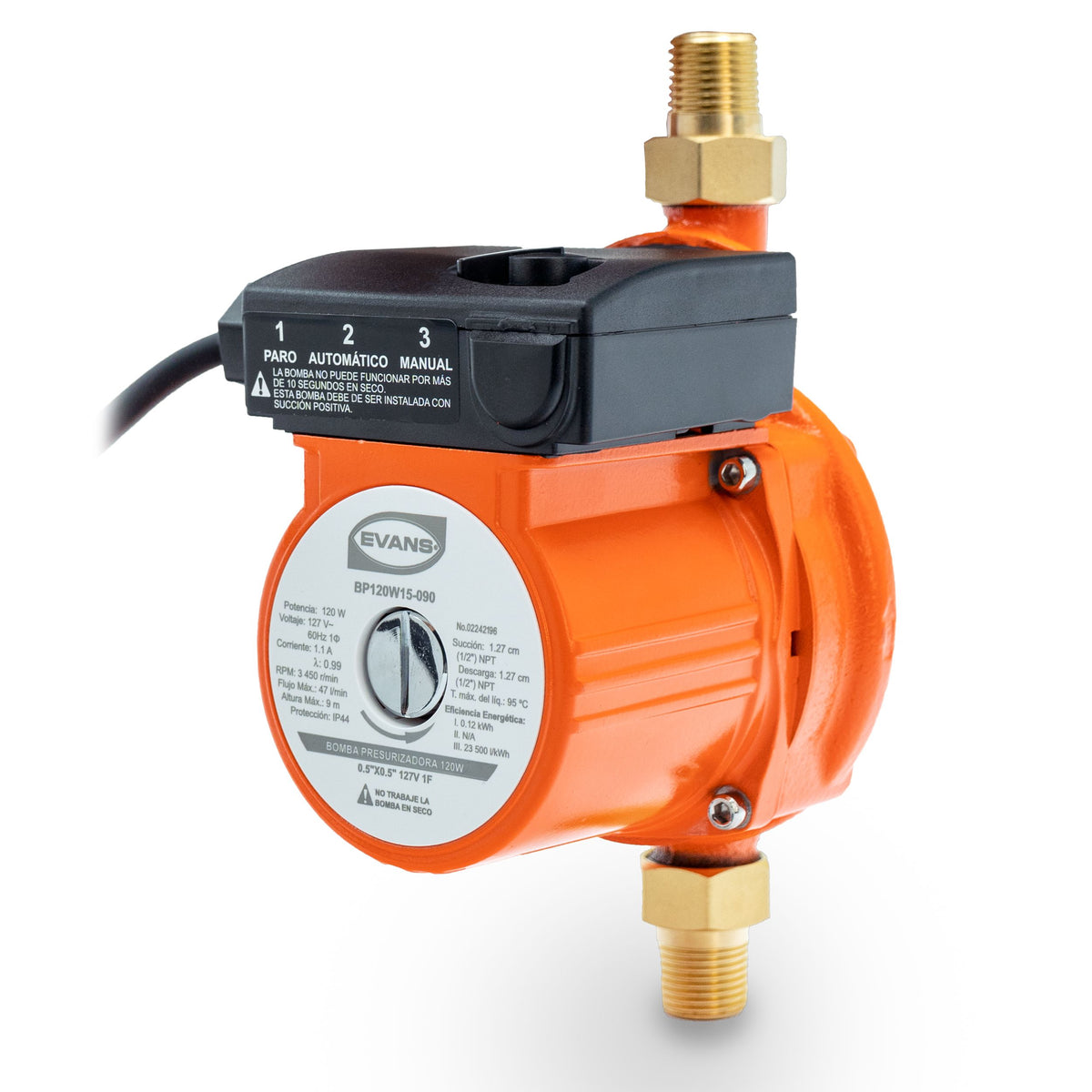 Bomba presurizadora de 120 W y 127 V monofásica para mejorar la presión en hasta 2 servicios simultáneos. Cuenta con modos automático y manual; requiere instalación con succión positiva.