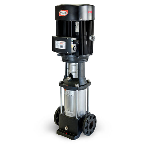 Bomba centrífuga multietapas vertical de 10 HP para transferencia y presurización de agua limpia. Motor trifásico de 220/440 V, 5 etapas y punto de operación publicado de 300 L/min a 80 m de carga.