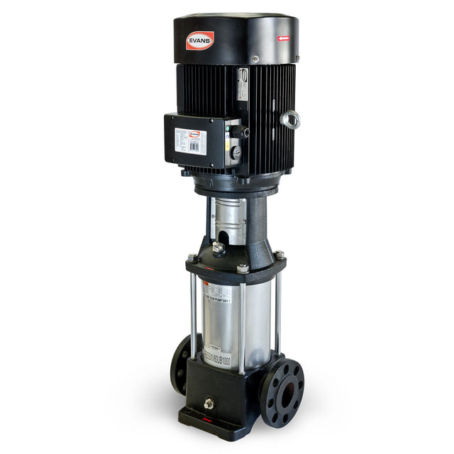 Bomba centrífuga multietapas vertical de 10 HP para transferencia y presurización de agua limpia. Motor trifásico de 220/440 V, 5 etapas y punto de operación publicado de 300 L/min a 80 m de carga.
