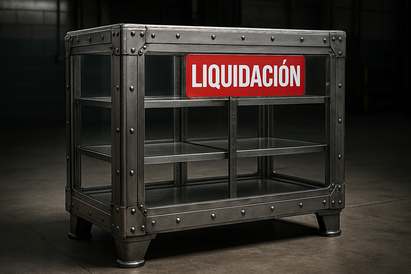 genera una imagen de una venta de liquidación, debe contener un aparador de uso rudo con apariencia metática y una etiqueta que contenga el texto LIQUIDACIÓN