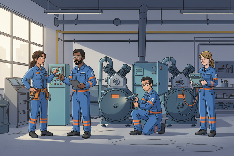 Servicio de mantenimiento a compresores de aire. Hazlo con un equipo de personas, mantén un estilo de dibujo o animación. 